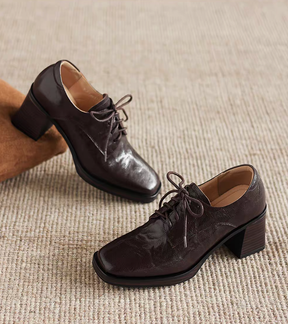 Thumbnail: Square toe embossed lambskin chunky heel lacing shoes
