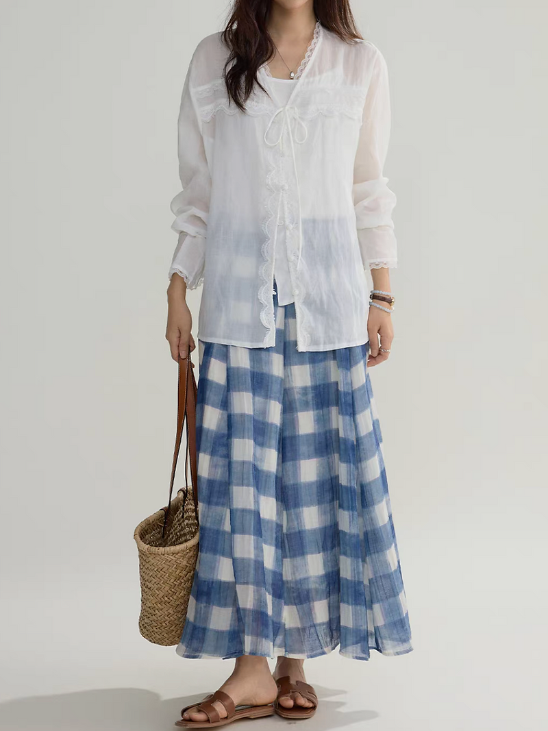 Poly rayom sheer lined blue pleated checker A line high waisted skirt 14