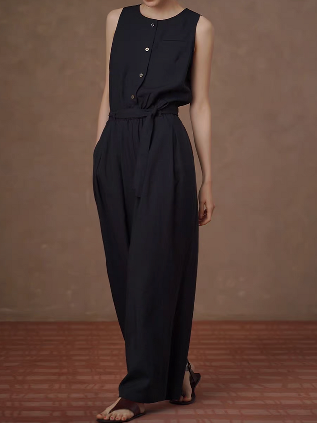 Lyocell poly halter navy elasticated waistband  belted romper 2