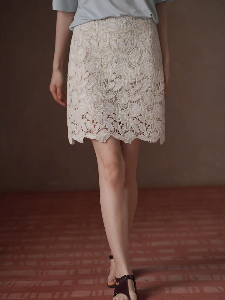 High waisted crochet poly ivory floral zipper skirt 9