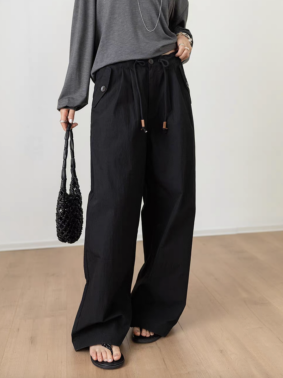 Thumbnail: Drawstring cotton rayon ruffle waistline straight pants