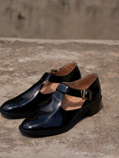 Made in Paris oil waxed calf skin T strap Mary Janes