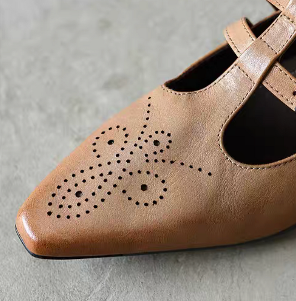 Thumbnail: Brushed off pointy calf leather double adjust straps brogue Mary Janes