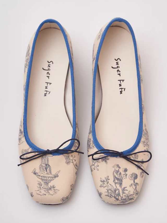 Calf leather fabric sketch print ribbon flats 6