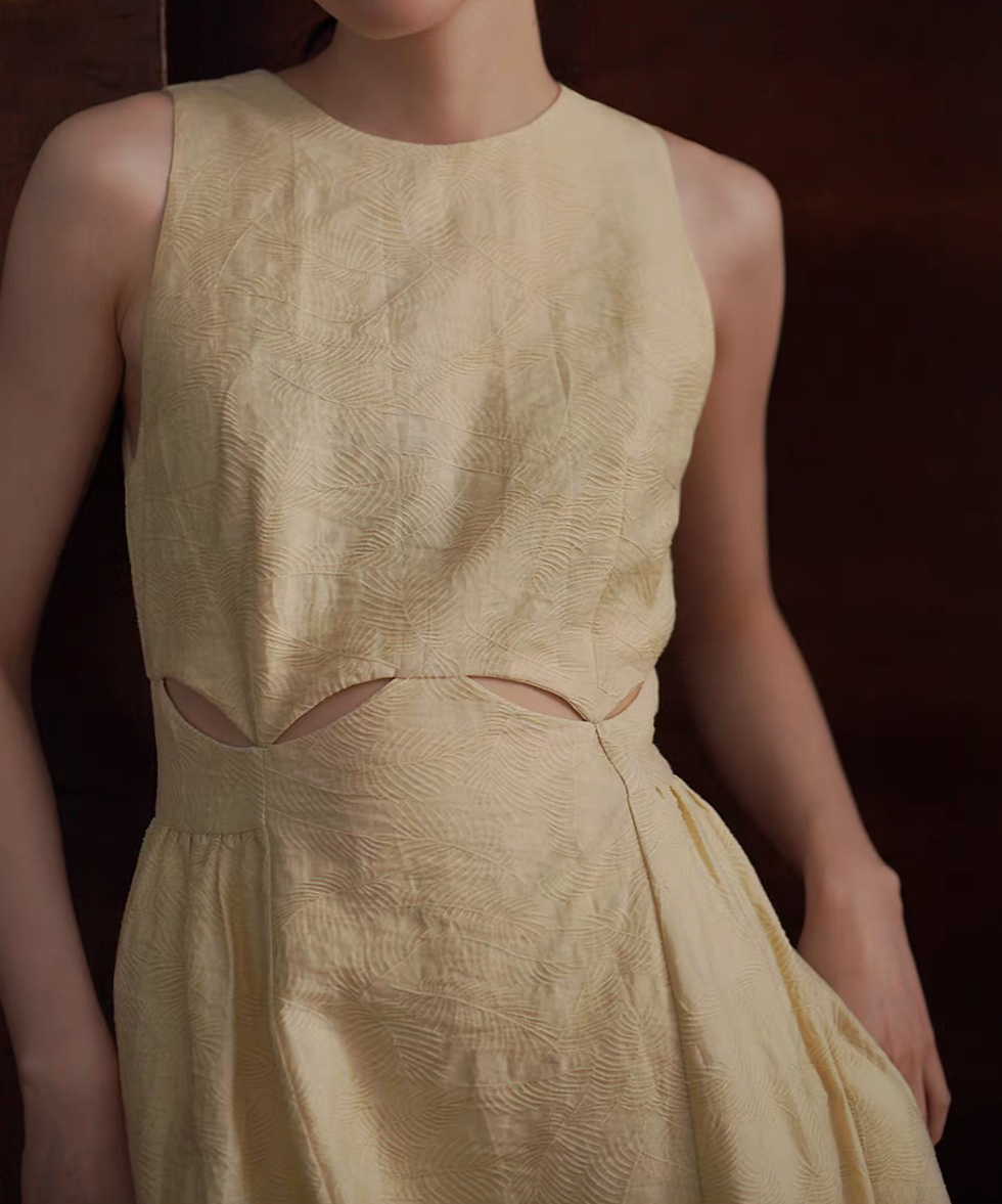 Thumbnail: Waist crochet embossed halter pastel yellow lyocell poly slim cut dress