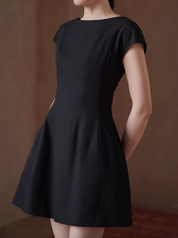 Black flutter sleeves cotton rayon midi flare slim cut dress
