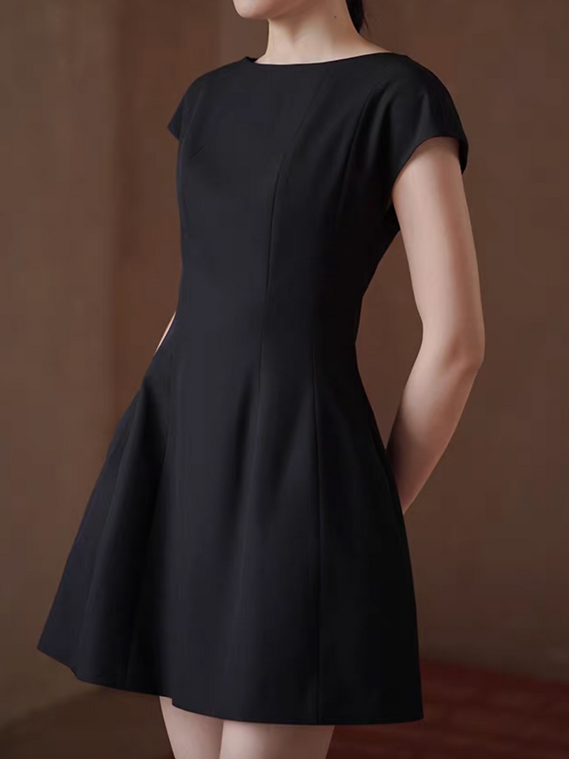 Black flutter sleeves cotton rayon midi flare slim cut dress 1