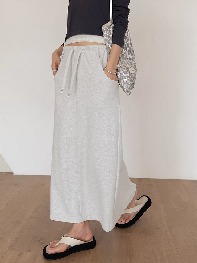 Elasticated side pockets back slit cotton skirt 1