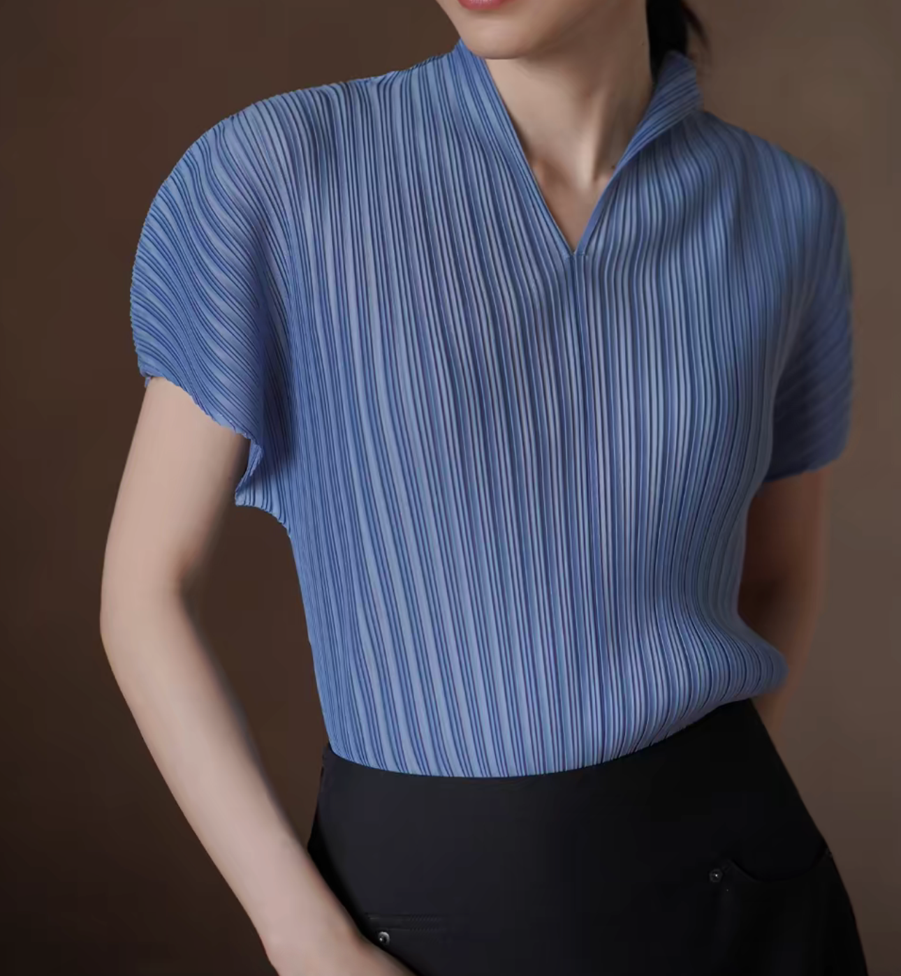 Pleated stretchy sky blue flutter sleeves blouse