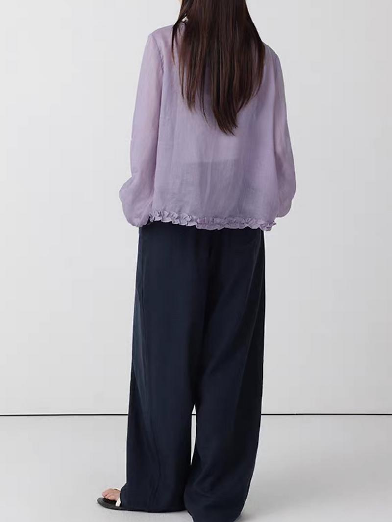 Pure linen ruffles trim drawstring sheer blouse / cardigan 6