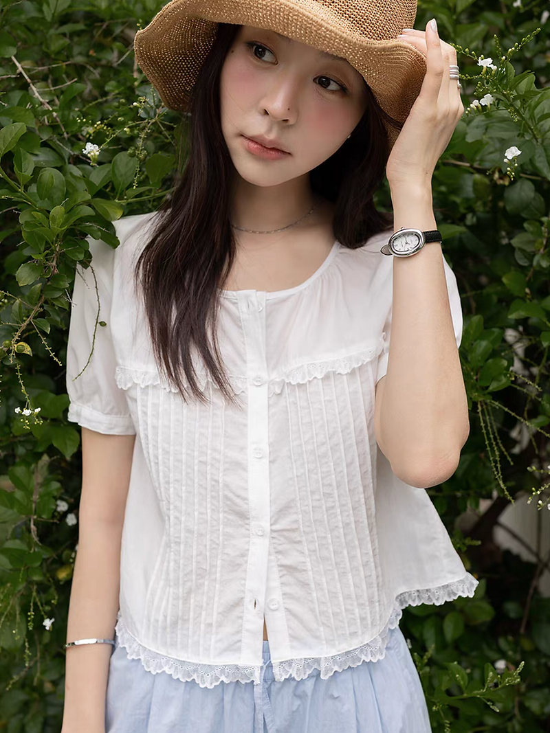 Laced trim floral white cotton tencel blouse 1