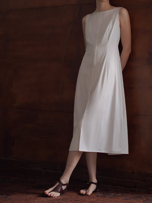 Pearl ivory front buttoned slit linen rayon straight shoulder sleeveless dress 3