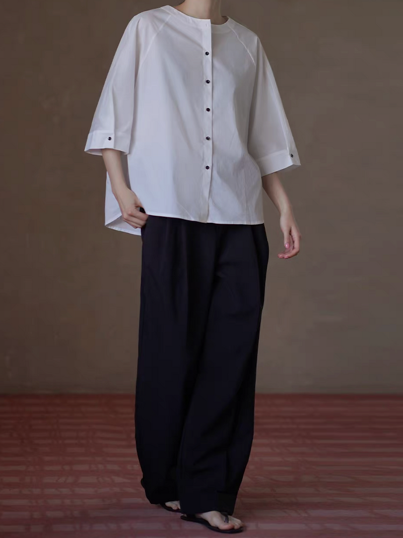 Mid sleeved crewneck cotton rayon white blouse 4