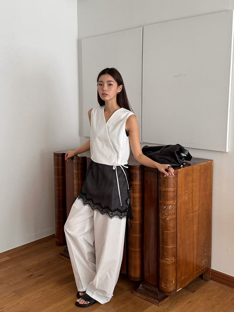 V neck overlapping side knot cotton vest 4