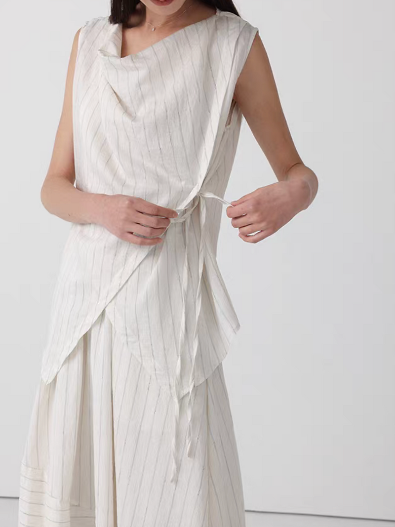 Cotton linen tencel overlapping V neck side knot vest 4