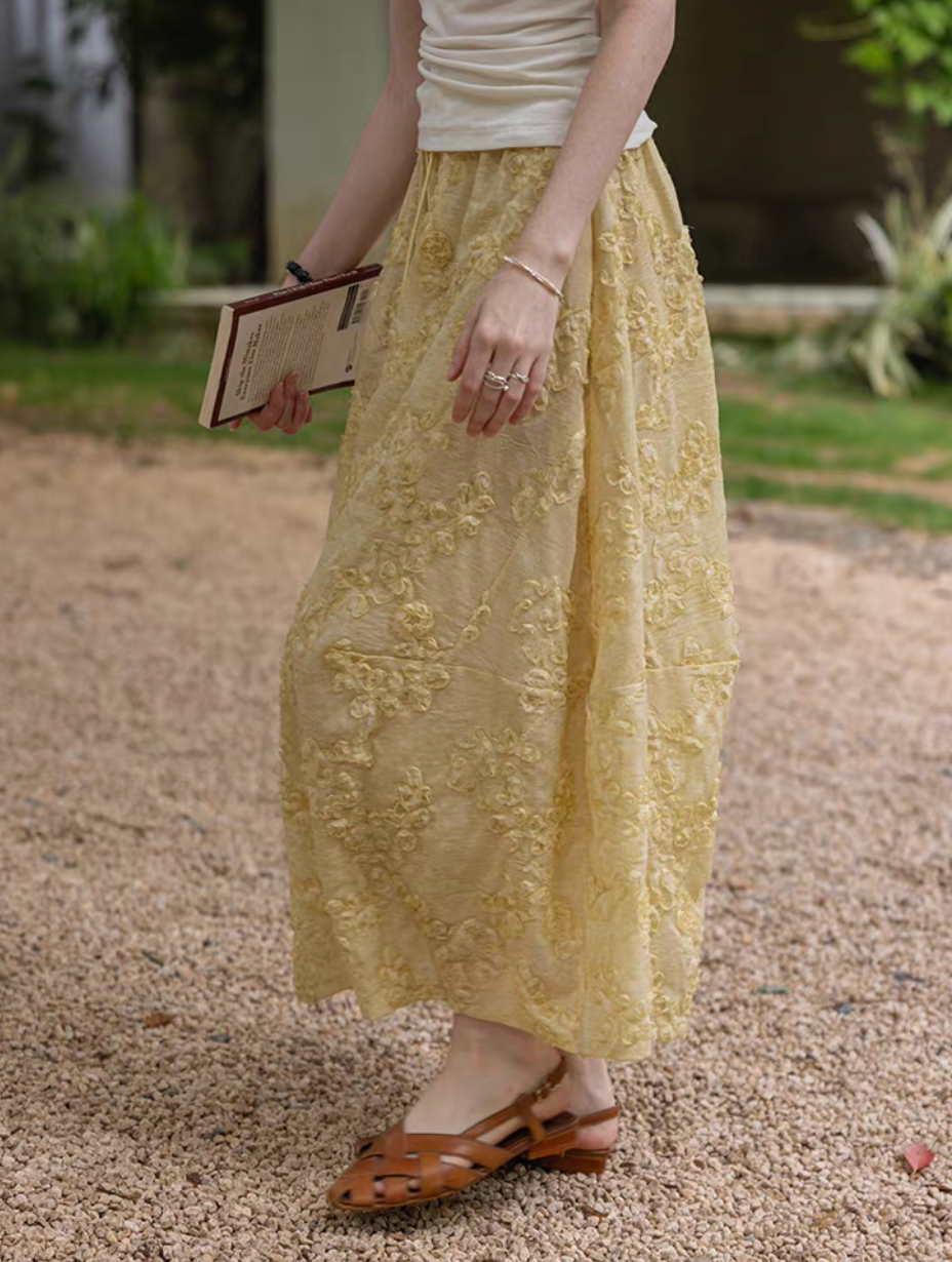 Thumbnail: Embossed floral mustard yellow drawstring elasticated tencel linen skirt