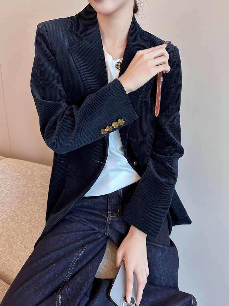 Navy ribbed cotton corduroy mid length lined blazer 3