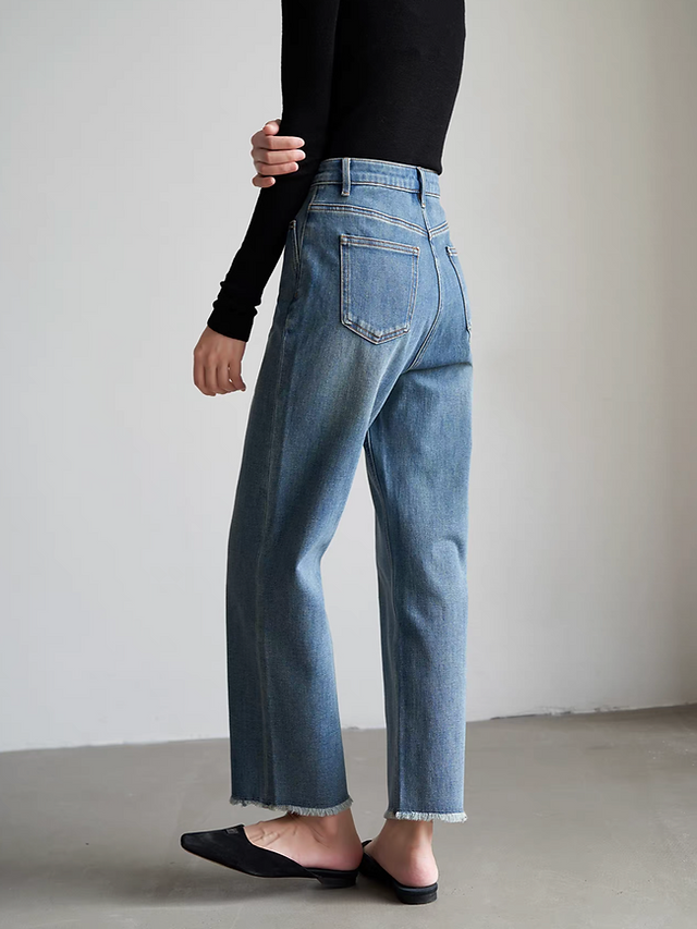 Acid washed retro blue taper frills trim denim blue jeans 2