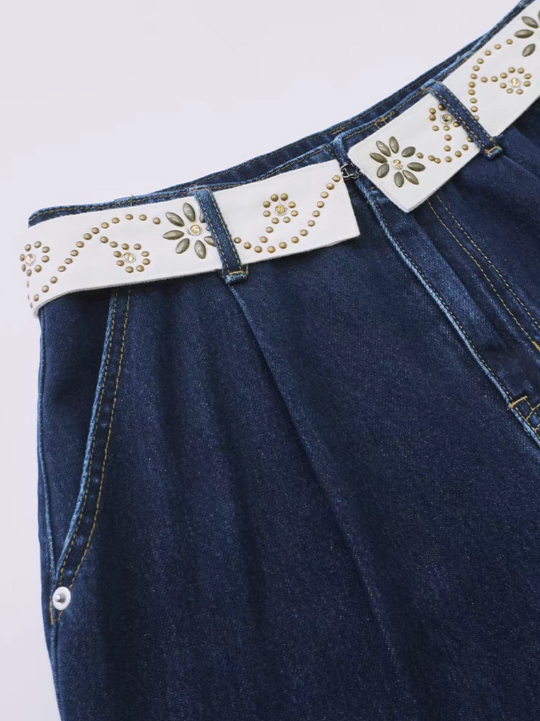 Floral studded fold over trim denim high waisted shorts 15