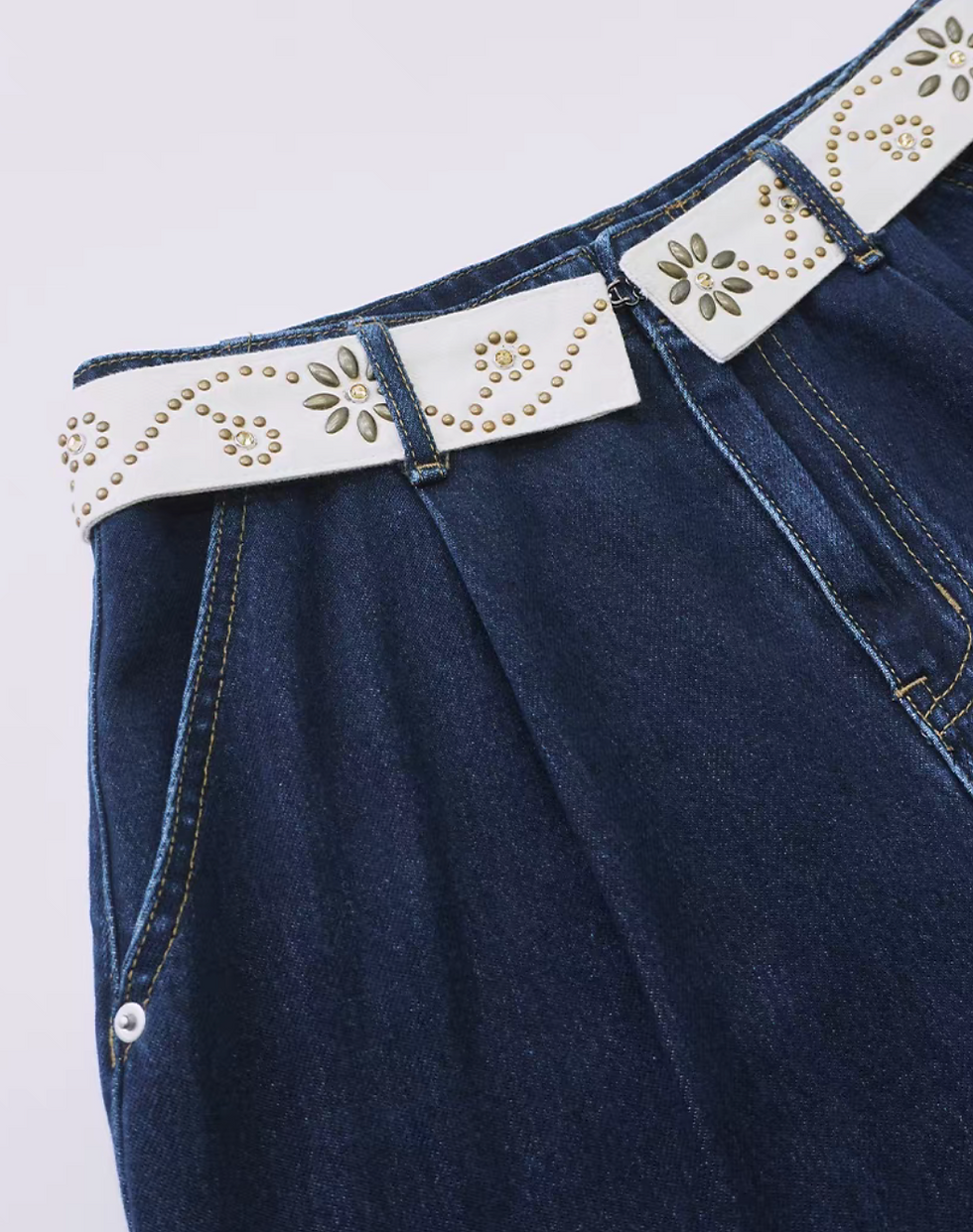 Thumbnail: Floral studded fold over trim denim high waisted shorts
