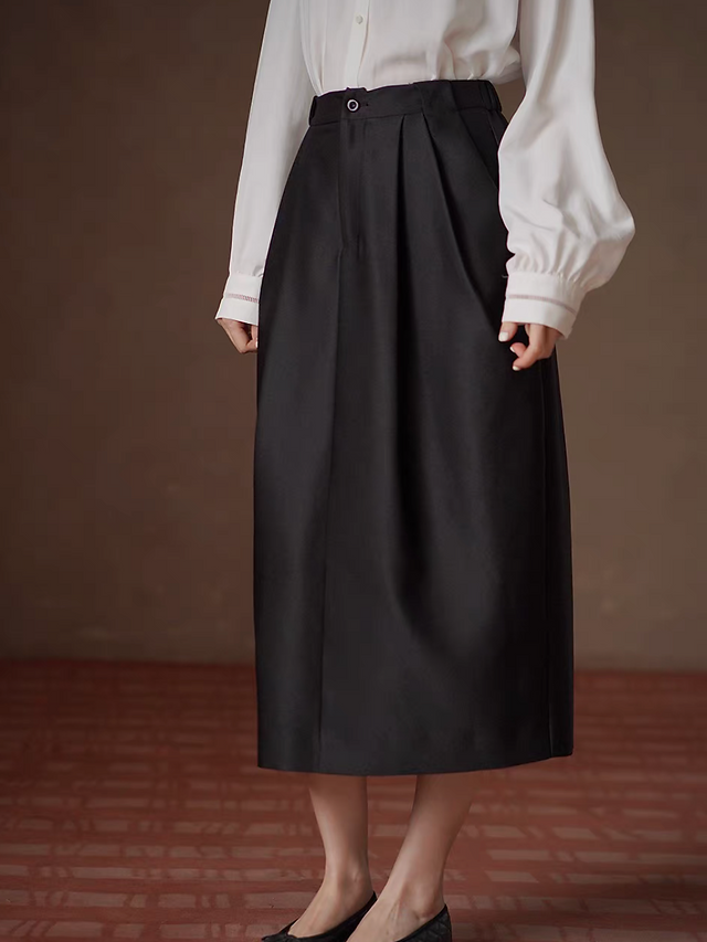 Black poly satin pleated peplum high waisted skirt 3