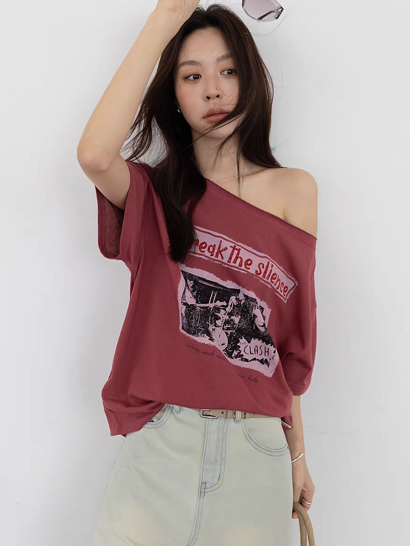 One shoulder digital print cotton rayon tee 3