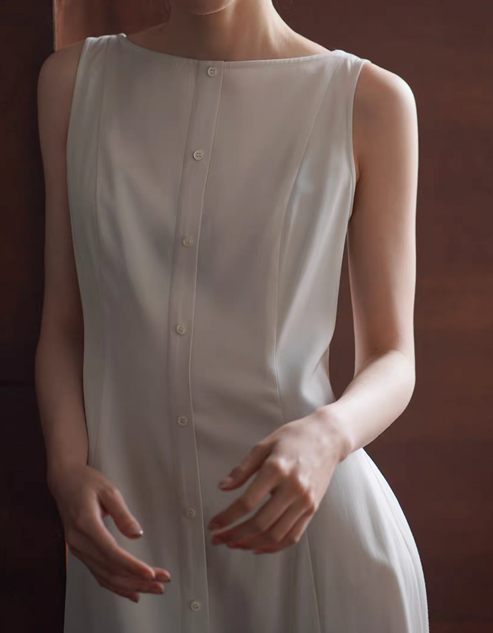 Thumbnail: Pearl ivory front buttoned slit linen rayon straight shoulder sleeveless dress