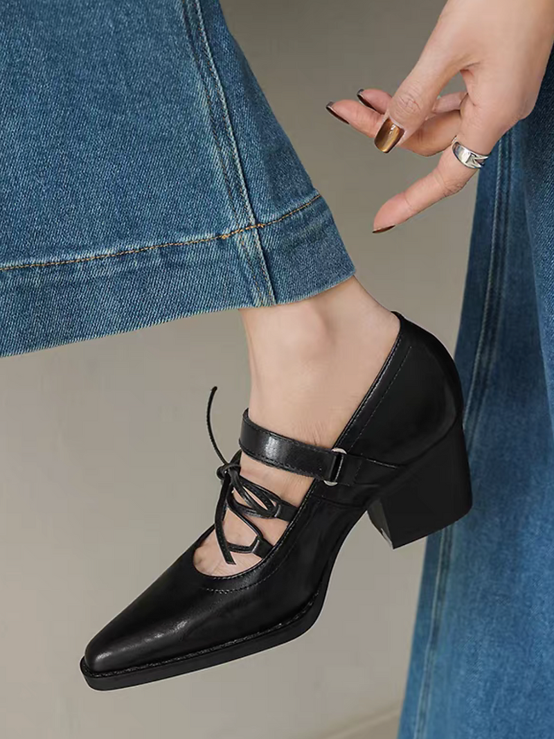 Calf leather pointy velcro strap lacing chunky heel Mary Janes 3