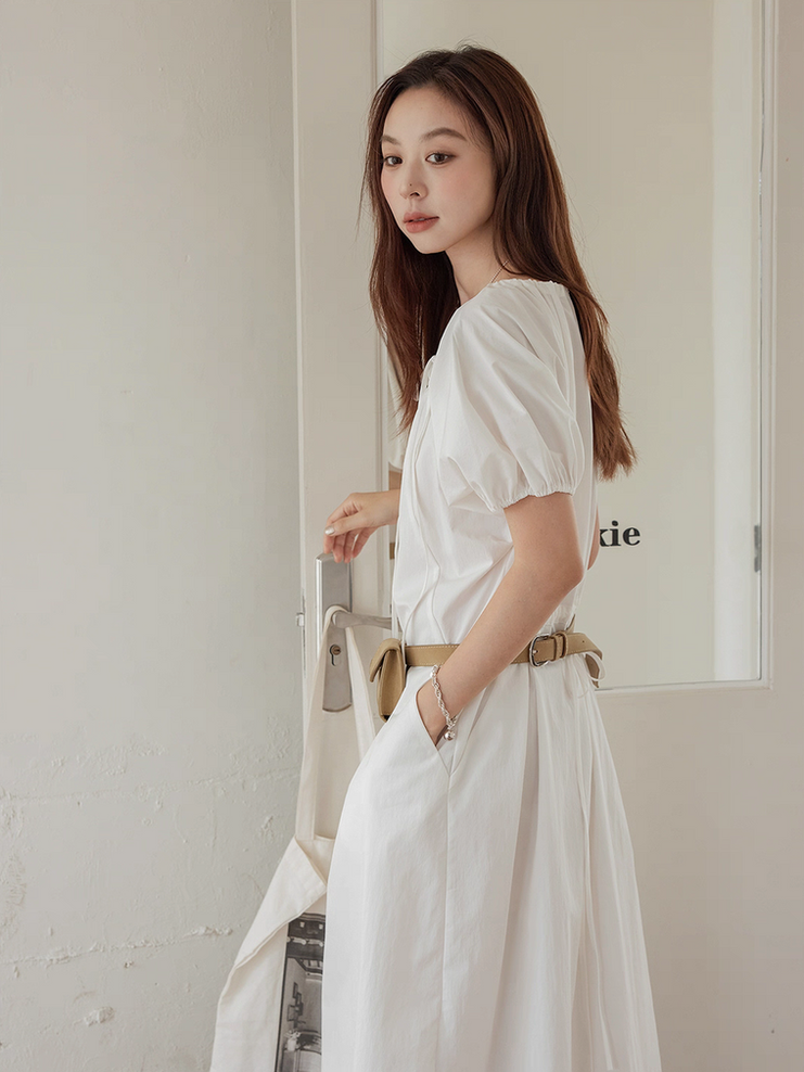 Shoulder drawstrings cotton puff sleeves side pockets dress 11