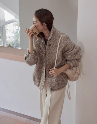 Beige color 75% alpaca wool poly fluffy buttoned strap zipper