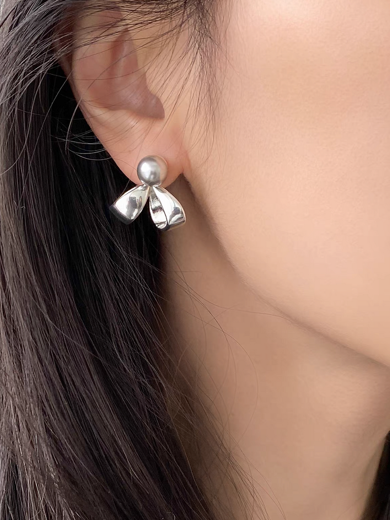 925 Silver grey alloy plastic pearls bow earrings 3