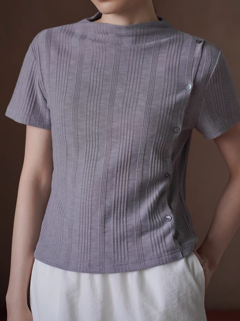 Smokey purple ribbed side buttoned crewneck stretchy poly rayon cotton tee 3