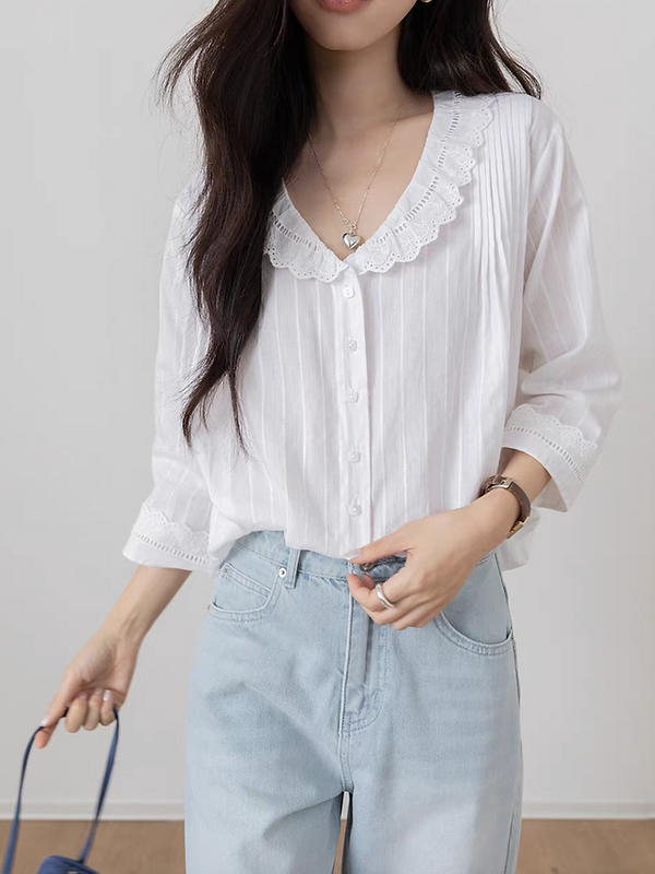 Lace crochet floral contours collar mid sleeved cotton blouse