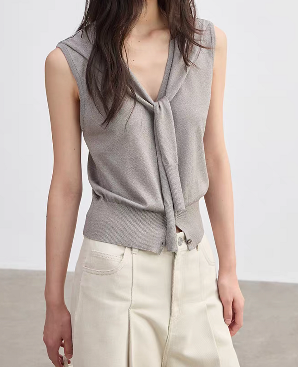 Thumbnail: Poly rayon tencel knitted front knot two way heather grey vest