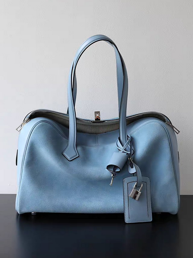 Blue suede calf leather tag handle shoulder bag with pad lock 4