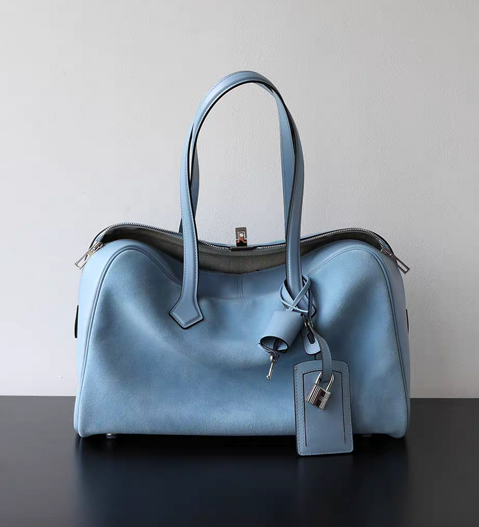 Thumbnail: Blue suede calf leather tag handle shoulder bag with pad lock