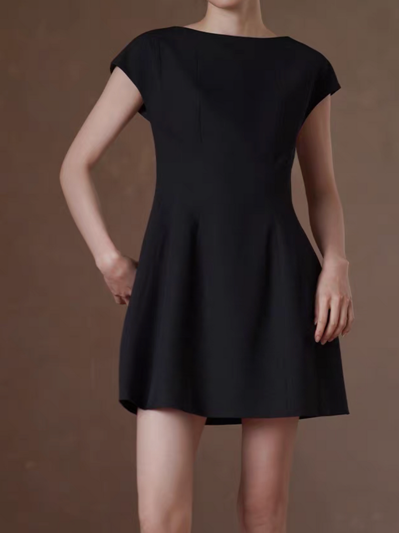 Black flutter sleeves cotton rayon midi flare slim cut dress 4