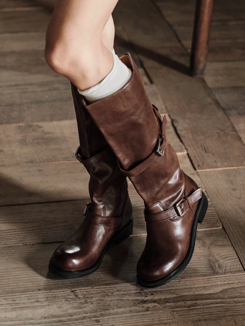 Made in Italy Italian brushed off calf leather double buckles straps knee boots 13