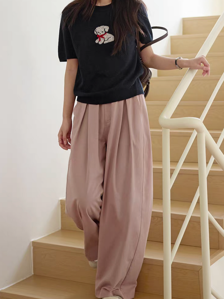 Elasticated cotton rayon dusty pink pleated straight pants 2