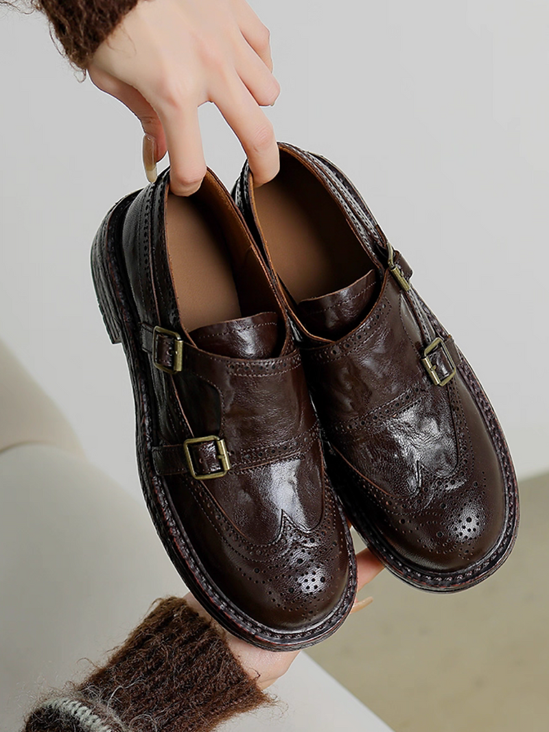 Double buckles lambskin brogue Oxford shoes 2