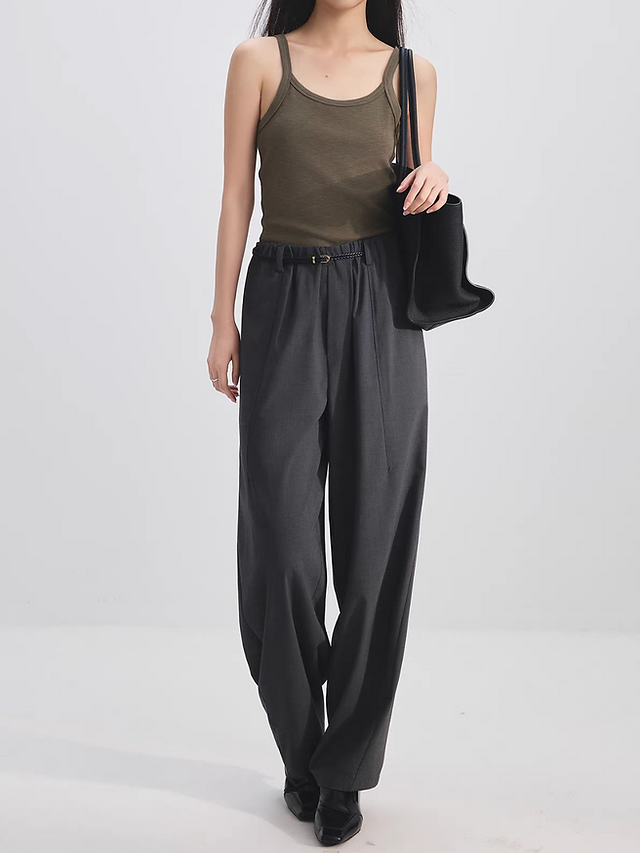 Leather weaved belt+elasticated charcoal grey contour poly rayon linen pants set 6