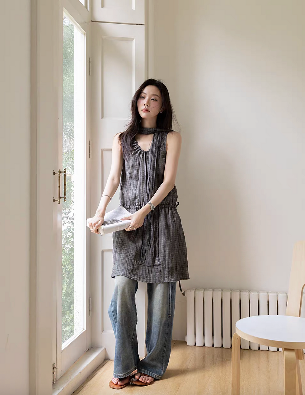 Thumbnail: Checker poly sheer charcoal collaratte +sleeveless drawstring lined dress s