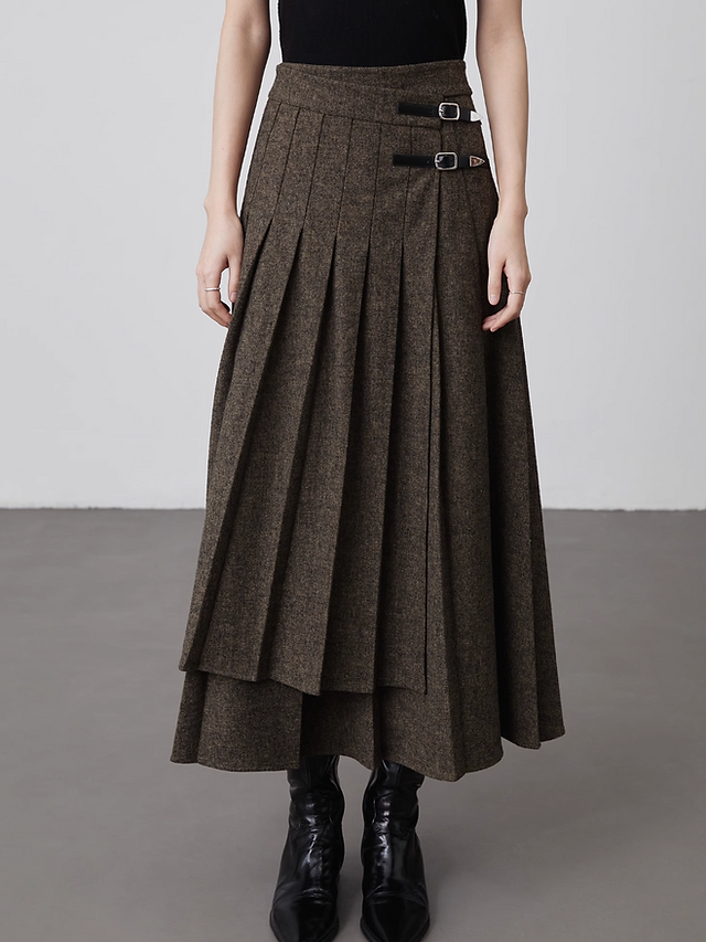High waisted layered asymmetric pleated khaki charcoal side straps skirt 2