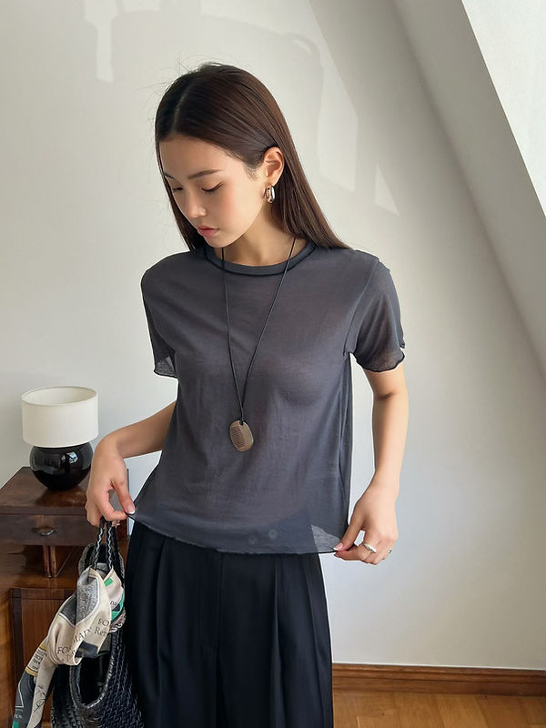 Partial sheer cotton nylon rolled rim crewneck tee 