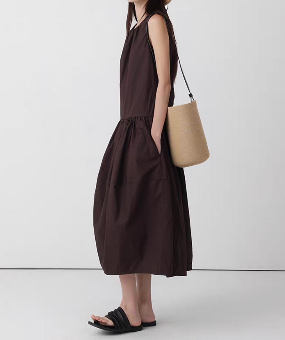 Thumbnail: Pure cotton back zipped puff maxi sleeveless dress