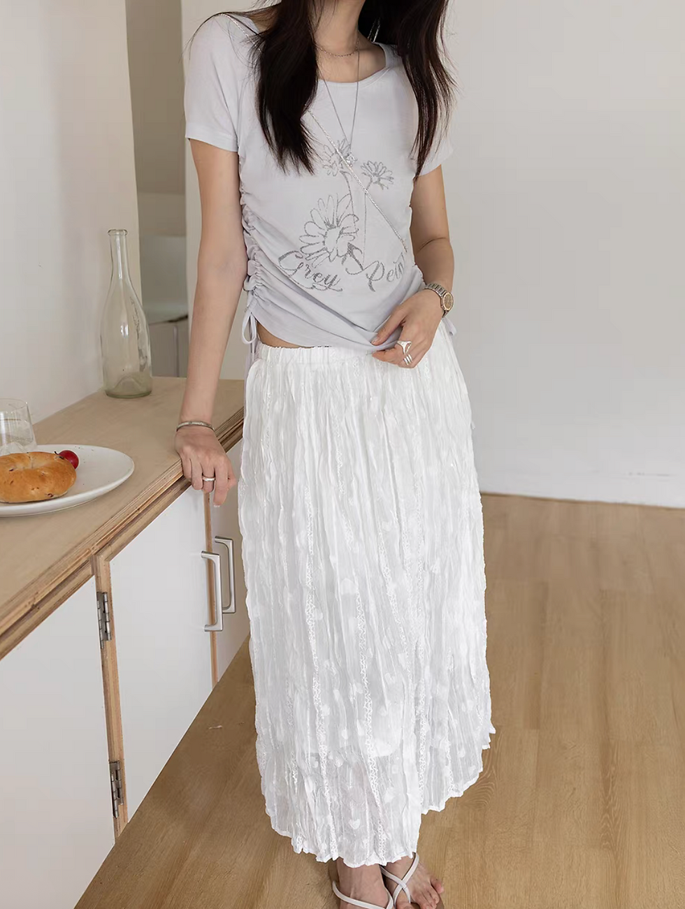 Thumbnail: Side drawstring stretchy pure cotton floral print tee