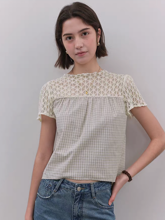 Crochet lace checker cotton ivory beige blouse 9