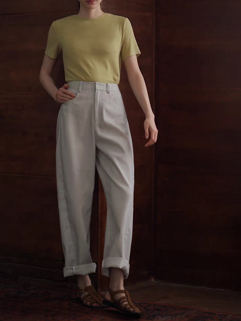 High waisted striped taper contour cotton pants 5