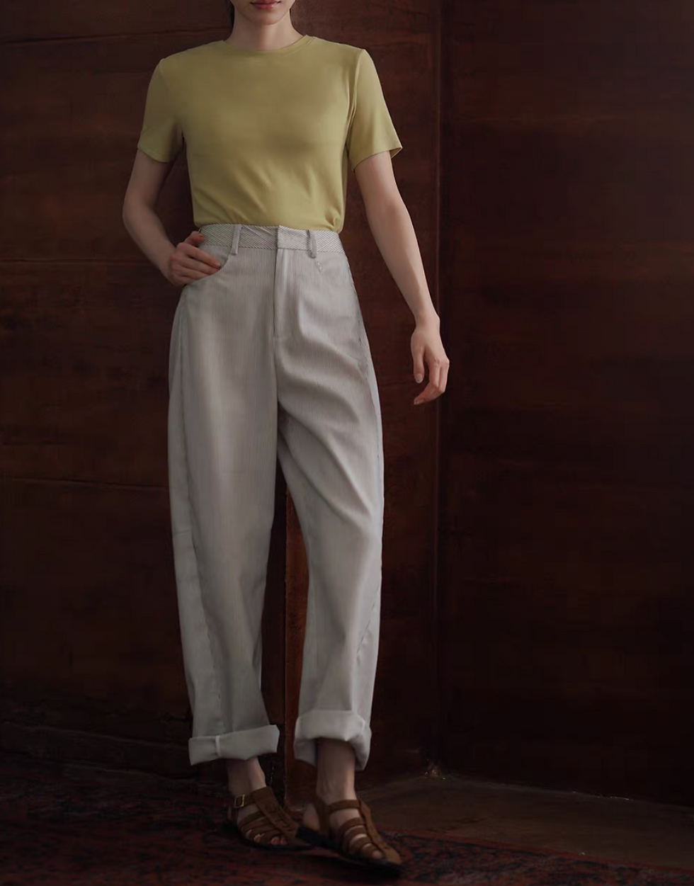 Thumbnail: High waisted striped taper contour cotton pants