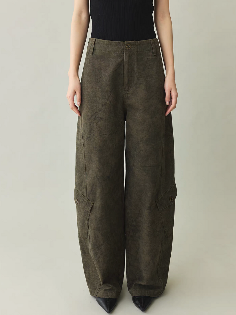Olive green cotton rayon barrel cargo high waisted pants 7